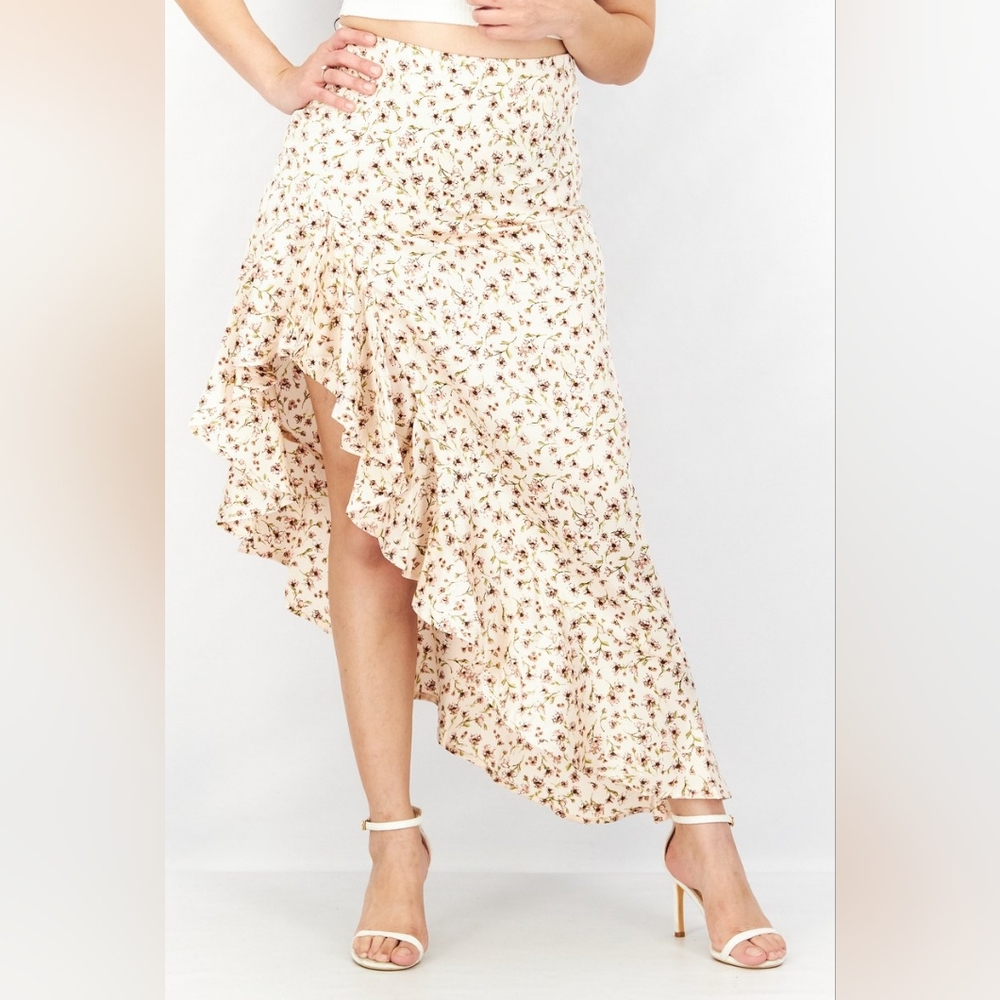 Forever 21 Women's NWT Light Pink Satin Floral Asymmetrical Midi Skirt Sz Large